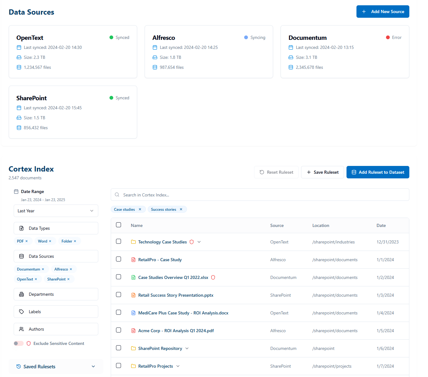 Xillio Cortex dataset management screenshot